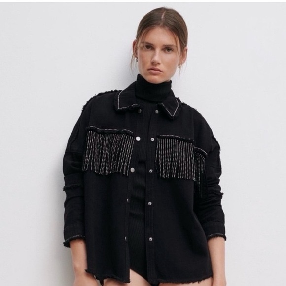 Zara Jackets & Blazers - Zara Black Fringe Denim Jacket